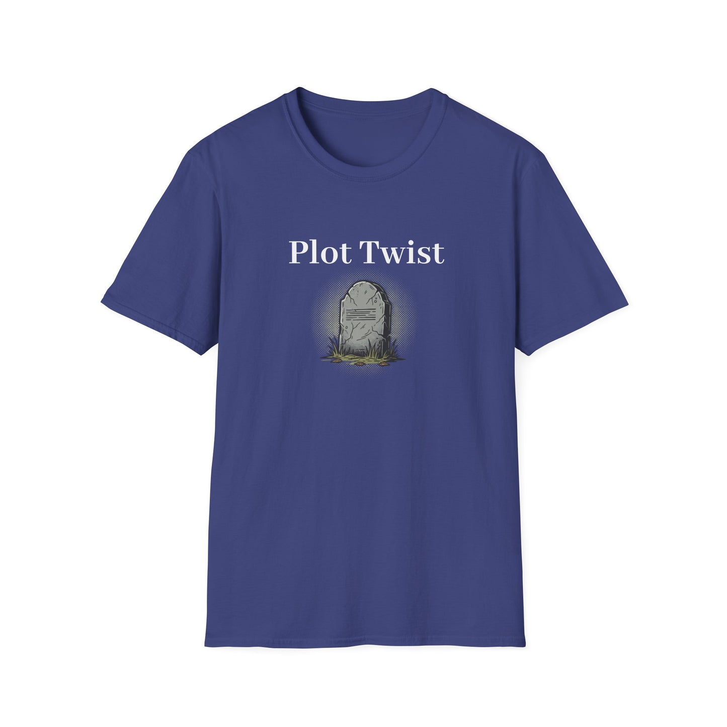 Navy t-shirt printed with the words Plot Twist above an illustration of a headstone