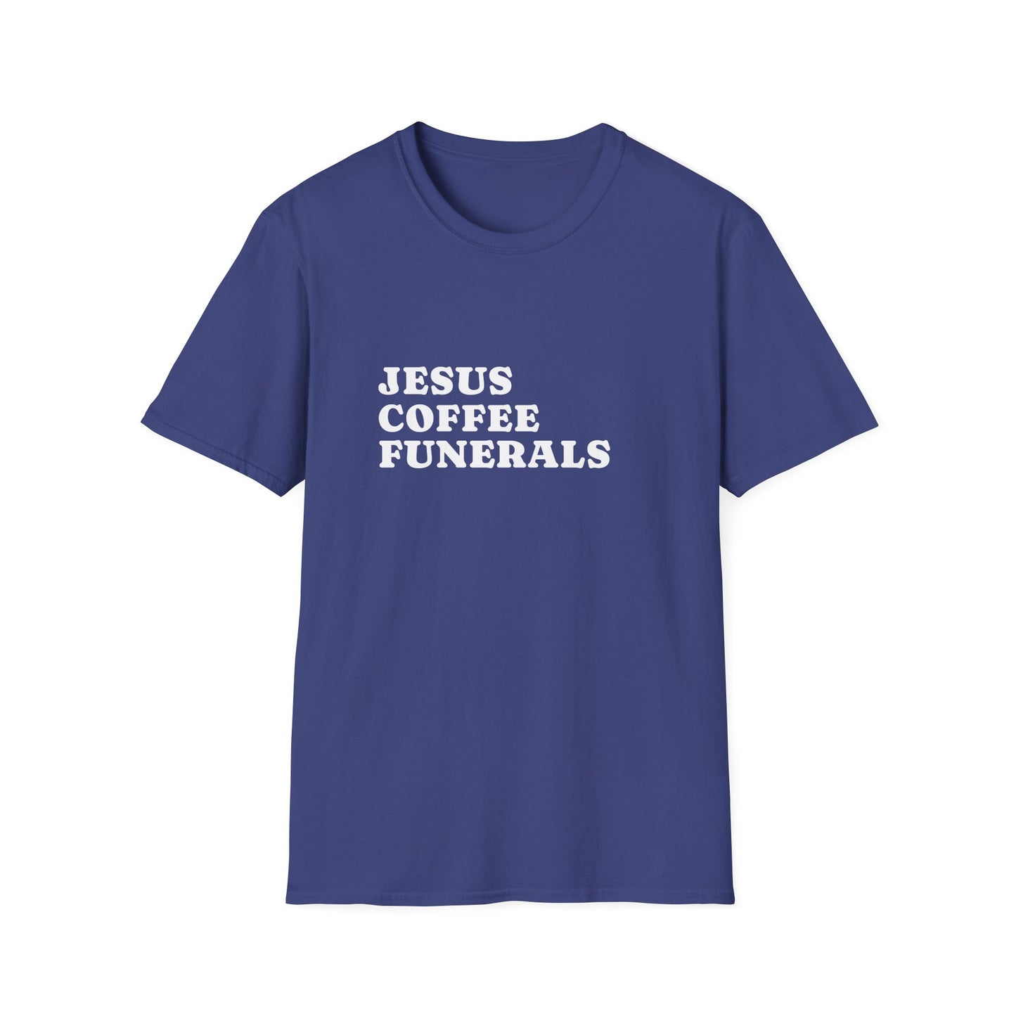 Navy t-shirt printed with the words Jesus, Coffee, Funerals stacked in bold capitals