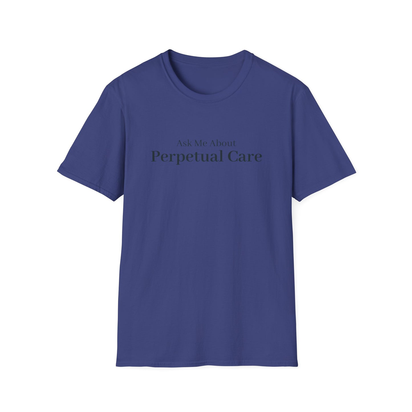 Navy t-shirt printed with the words Ask Me About Perpetual Care