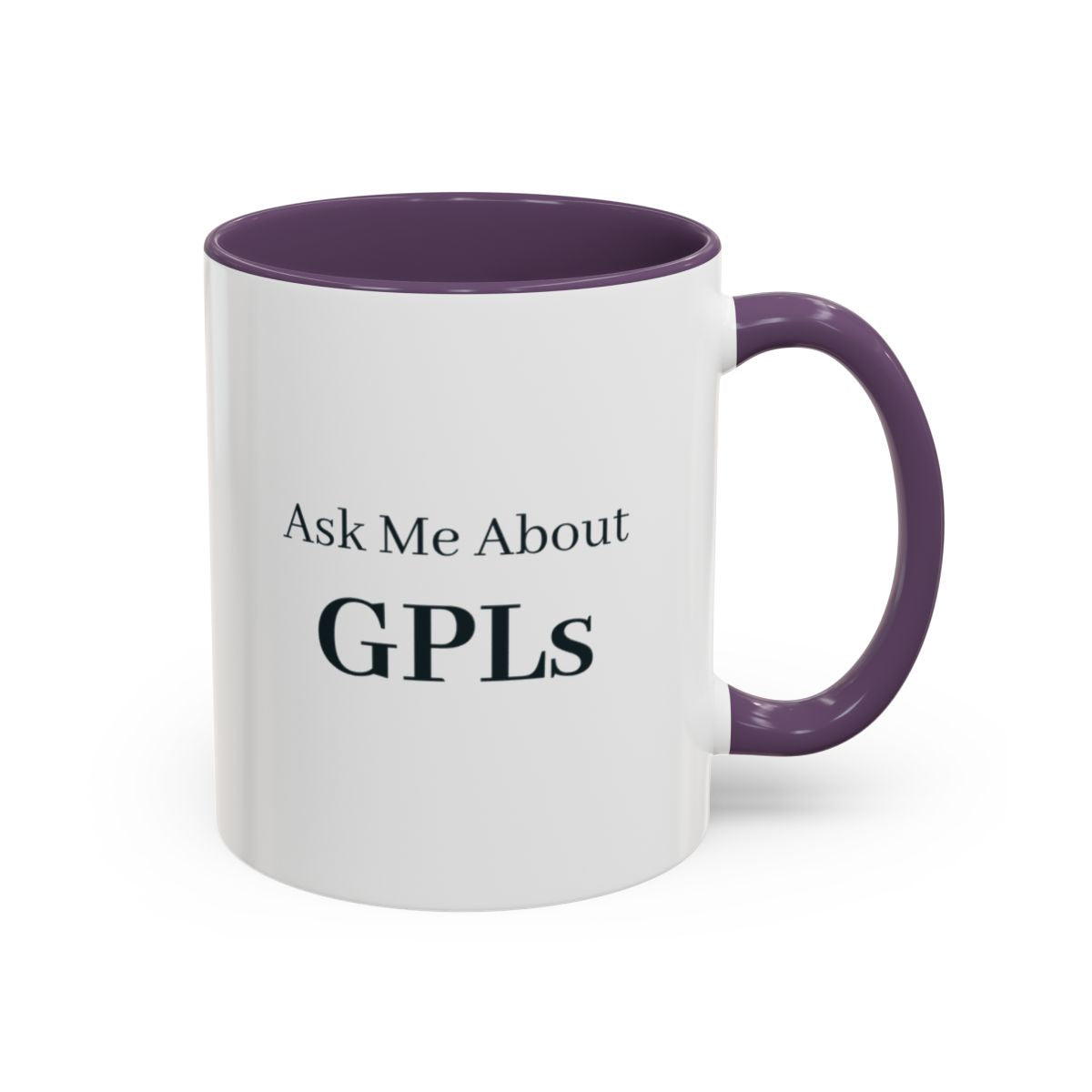 Ask Me About GPLs Mug – Purple handle and inside, 11 oz
