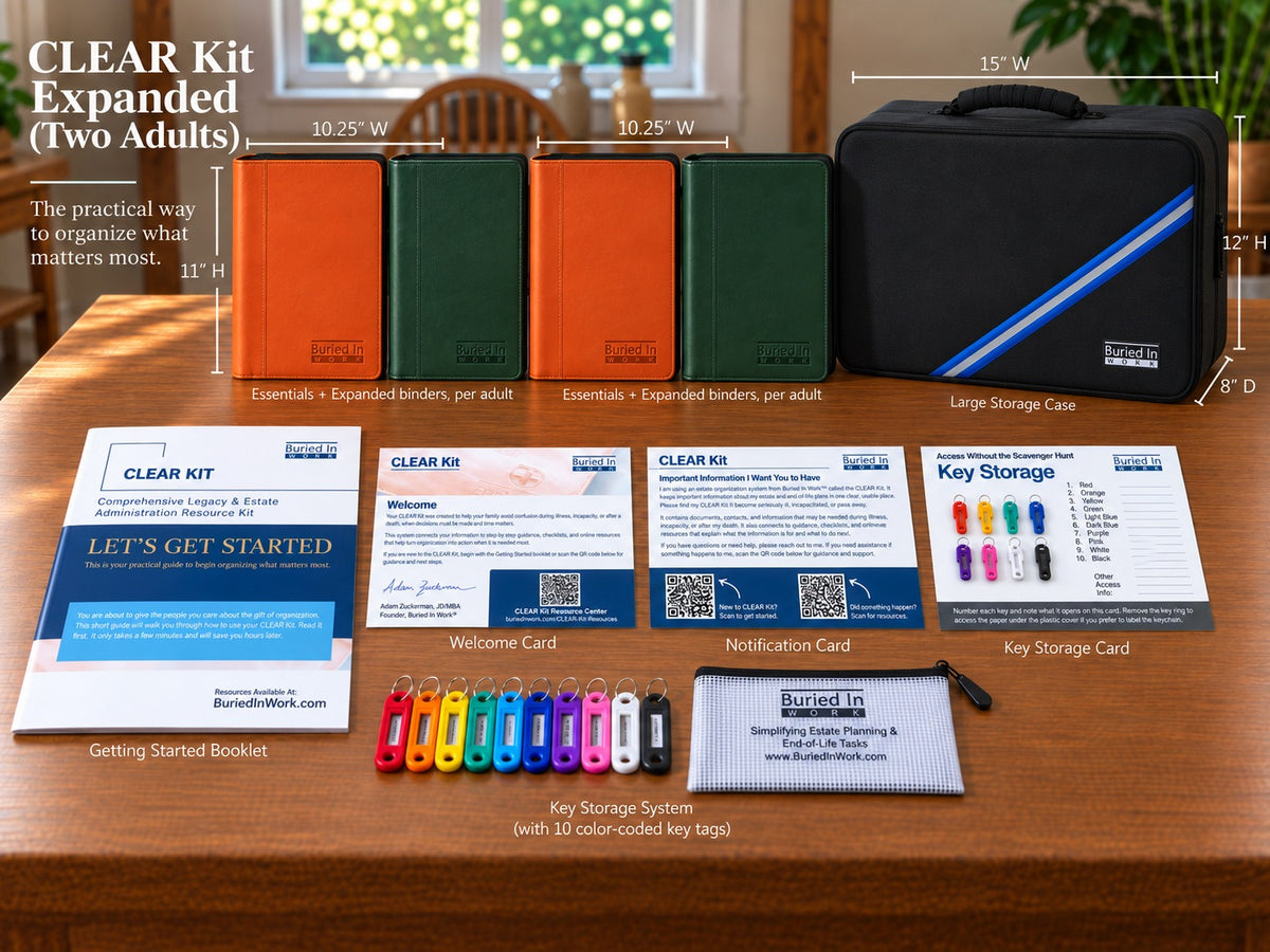 CLEAR Kit Expanded, two adults: Essentials and Expanded binders for each adult (10.25 x 11 in), large storage case (15 x 12 x 8 in), Getting Started booklet, Welcome Card, Notification Card, Key Storage Card, key pouch and ten color-coded key tags