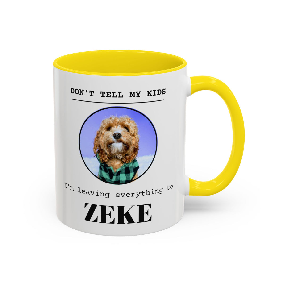 Don't Tell My Kids personalized pet mug with a yellow handle and inside