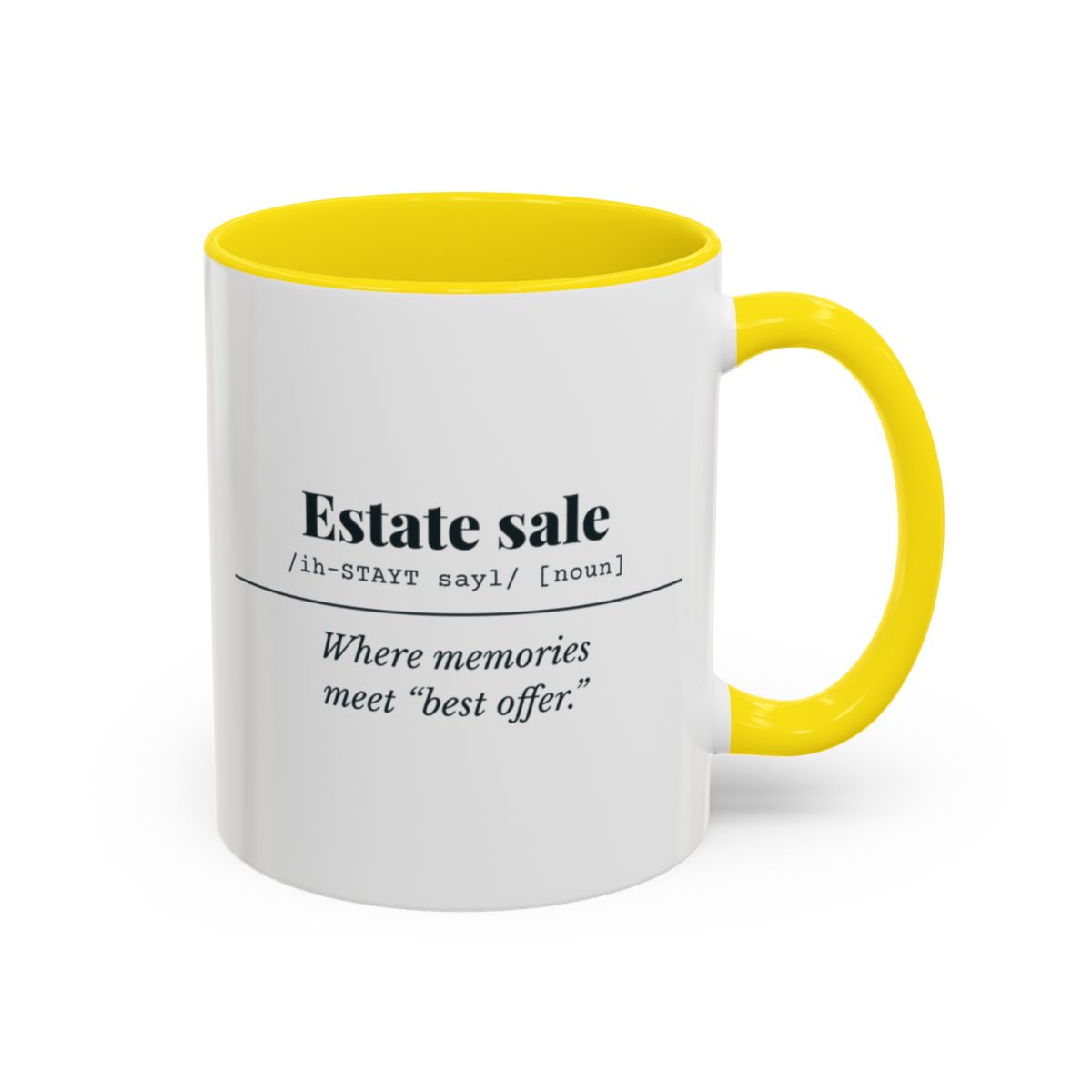 Estate Sale Definition “Best Offer” Mug – Yellow handle and inside, 11 oz