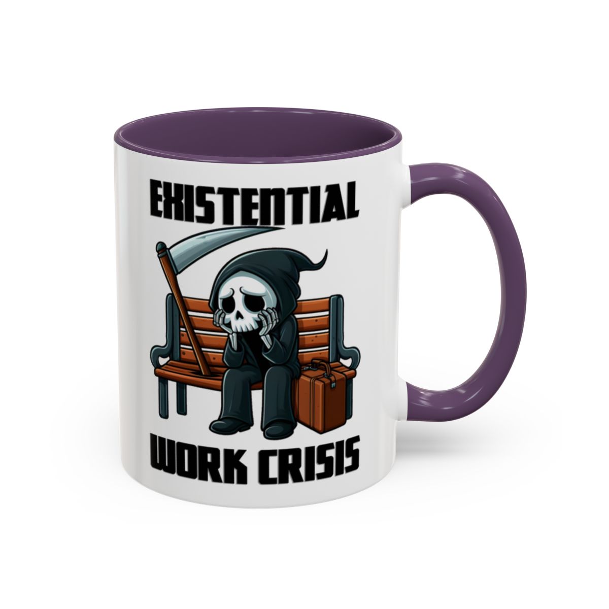 Existential Work Crisis Grim Reaper Mug – Purple handle and inside, 11 oz