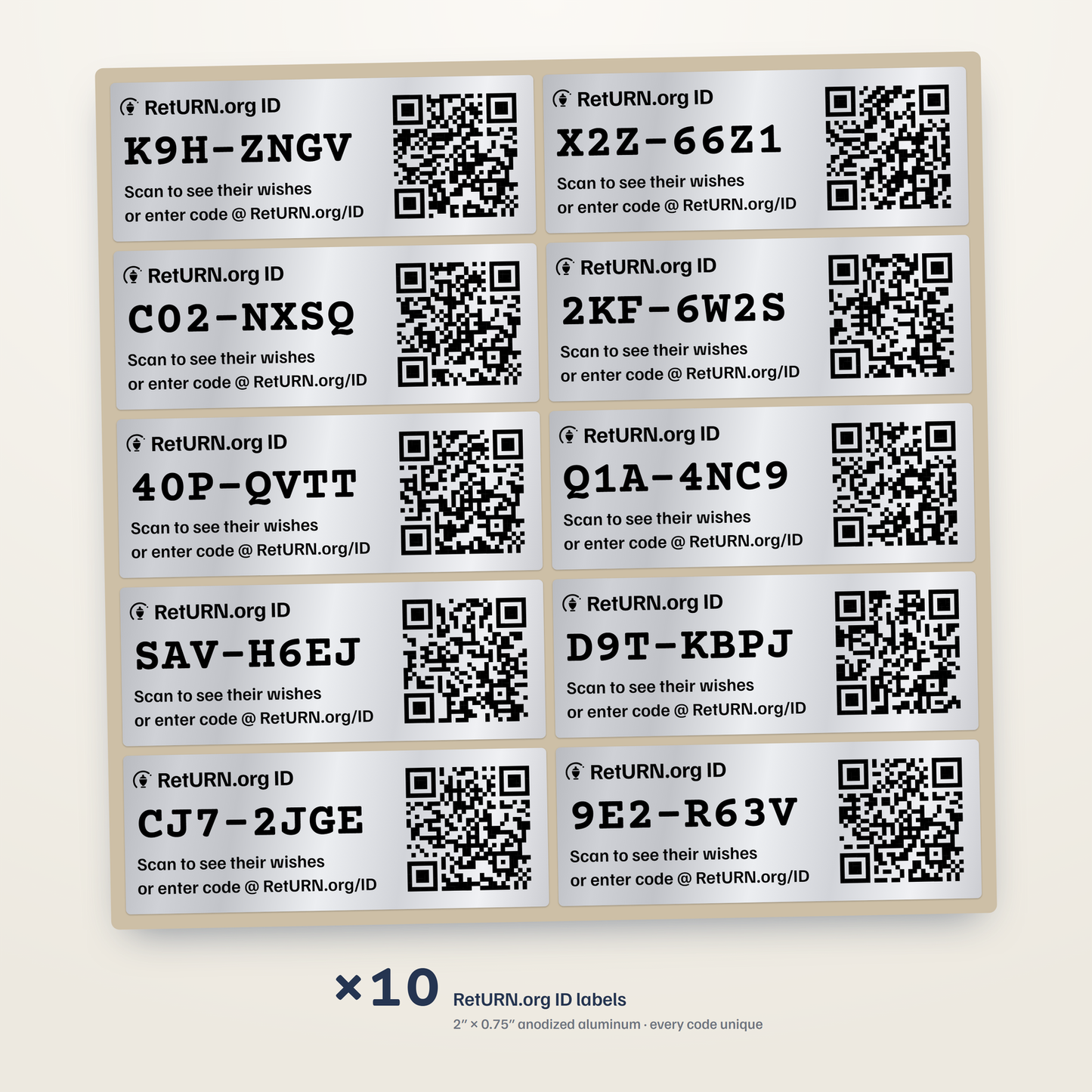 A carrier sheet of ten RetURN.org ID labels, each 2 by 0.75 inch anodized aluminum with its own unique code and QR code.