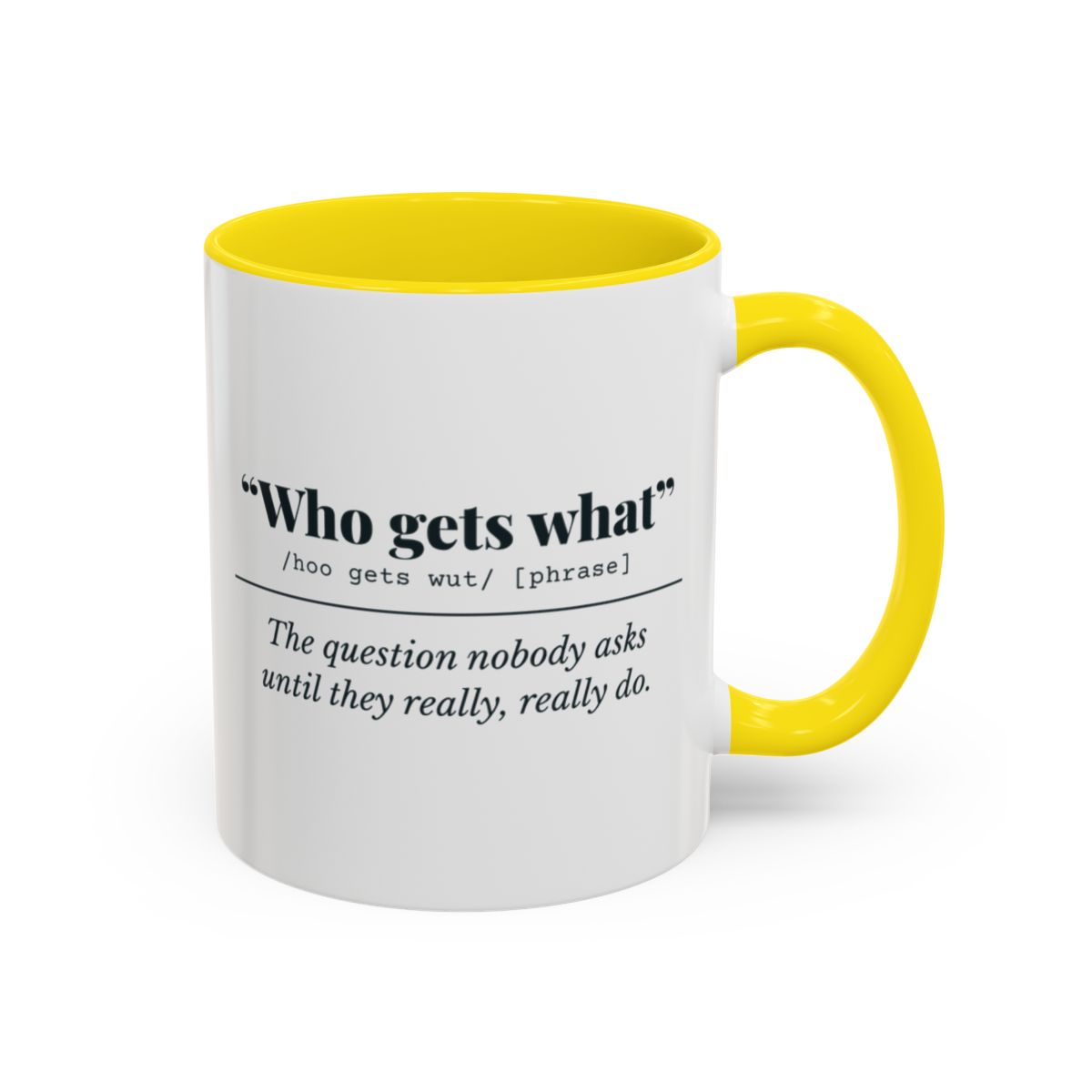 Who Gets What Mug – Yellow handle and inside, 11 oz