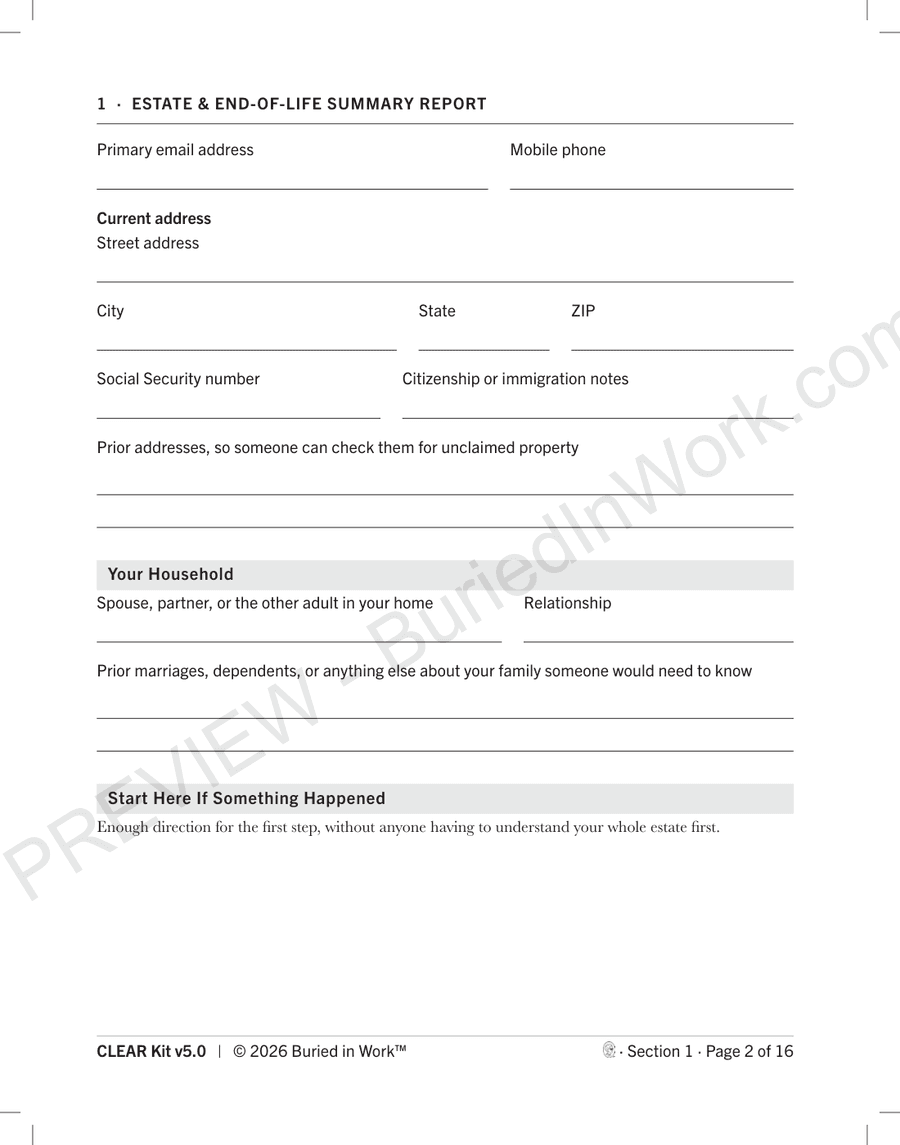 Page 2 of the Estate and End-of-Life Summary Report, preview