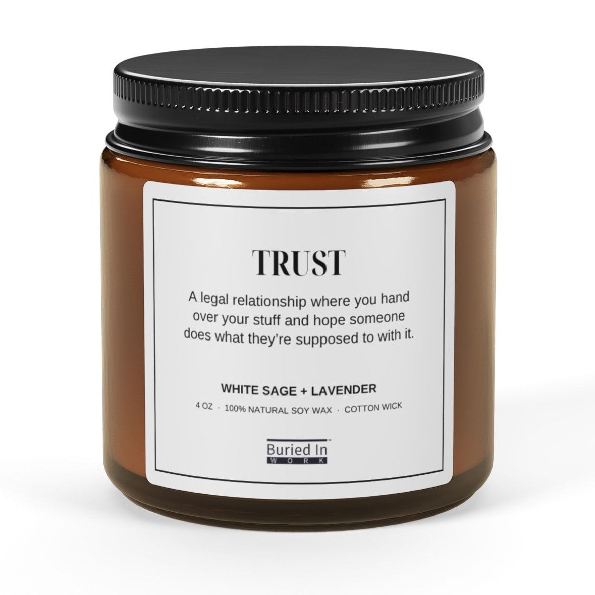 Trust soy candle, 4 oz amber jar, front