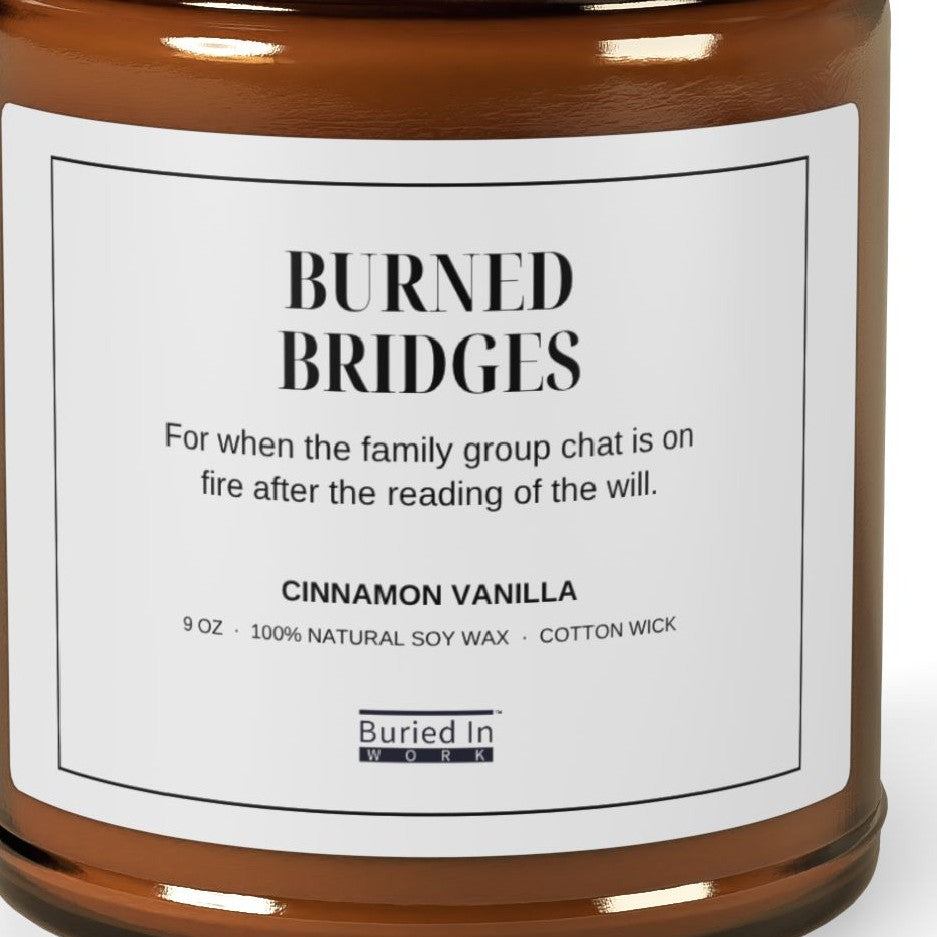 Close-up of the Burned Bridges candle label