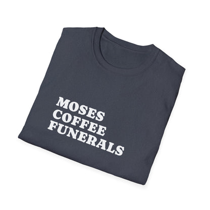 Folded Heather Navy t-shirt showing the Moses Coffee Funerals design