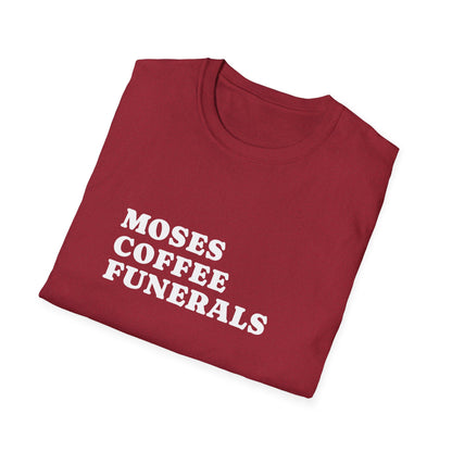 Folded Antique Cherry Red t-shirt showing the Moses Coffee Funerals design