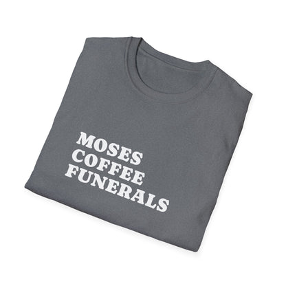 Folded Graphite Heather t-shirt showing the Moses Coffee Funerals design