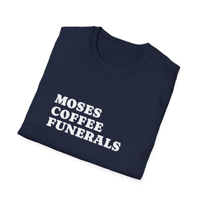 Folded Navy t-shirt showing the Moses Coffee Funerals design