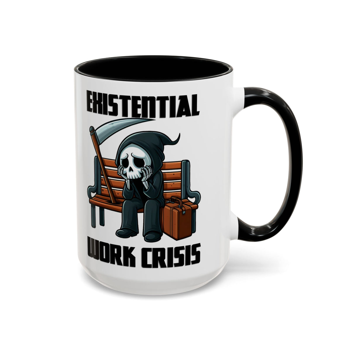 Existential Work Crisis Grim Reaper Mug – Black handle and inside, 15 oz