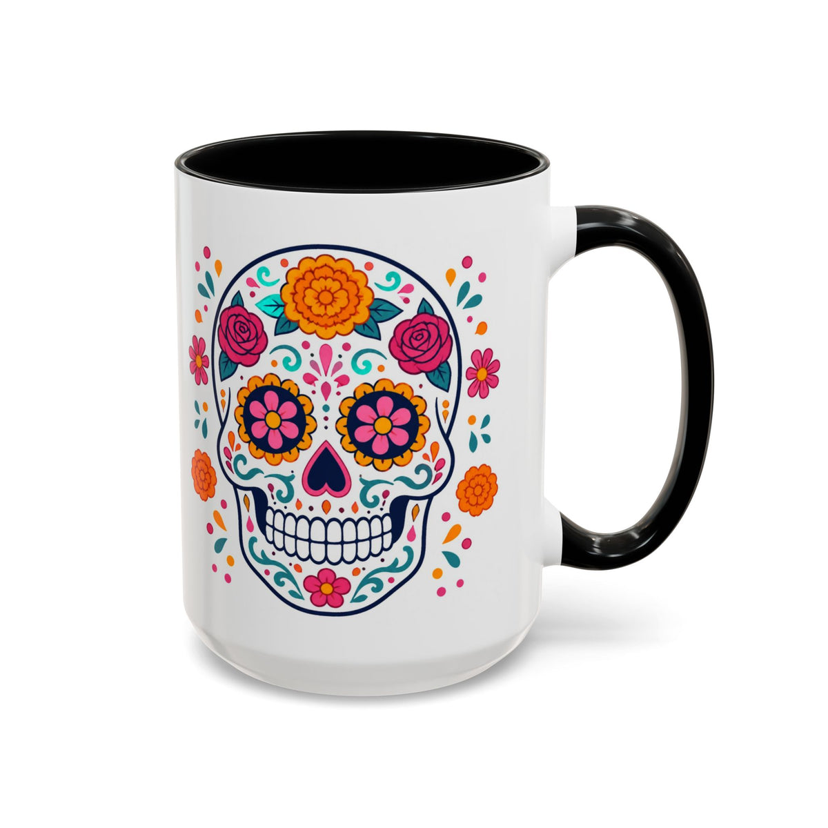 Day of the Dead Sugar Skull Mug – Black handle and inside, 15 oz