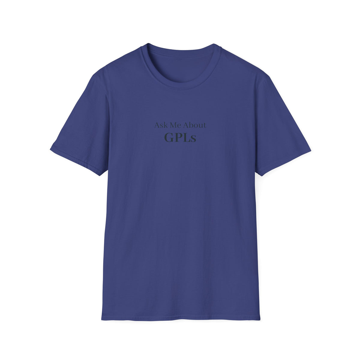 Navy t-shirt printed with the words Ask Me About GPLs