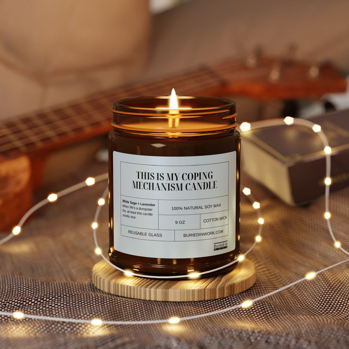 "This Is My Coping Mechanism" White Sage + Lavender Soy Candle – Handmade in an Amber Jar