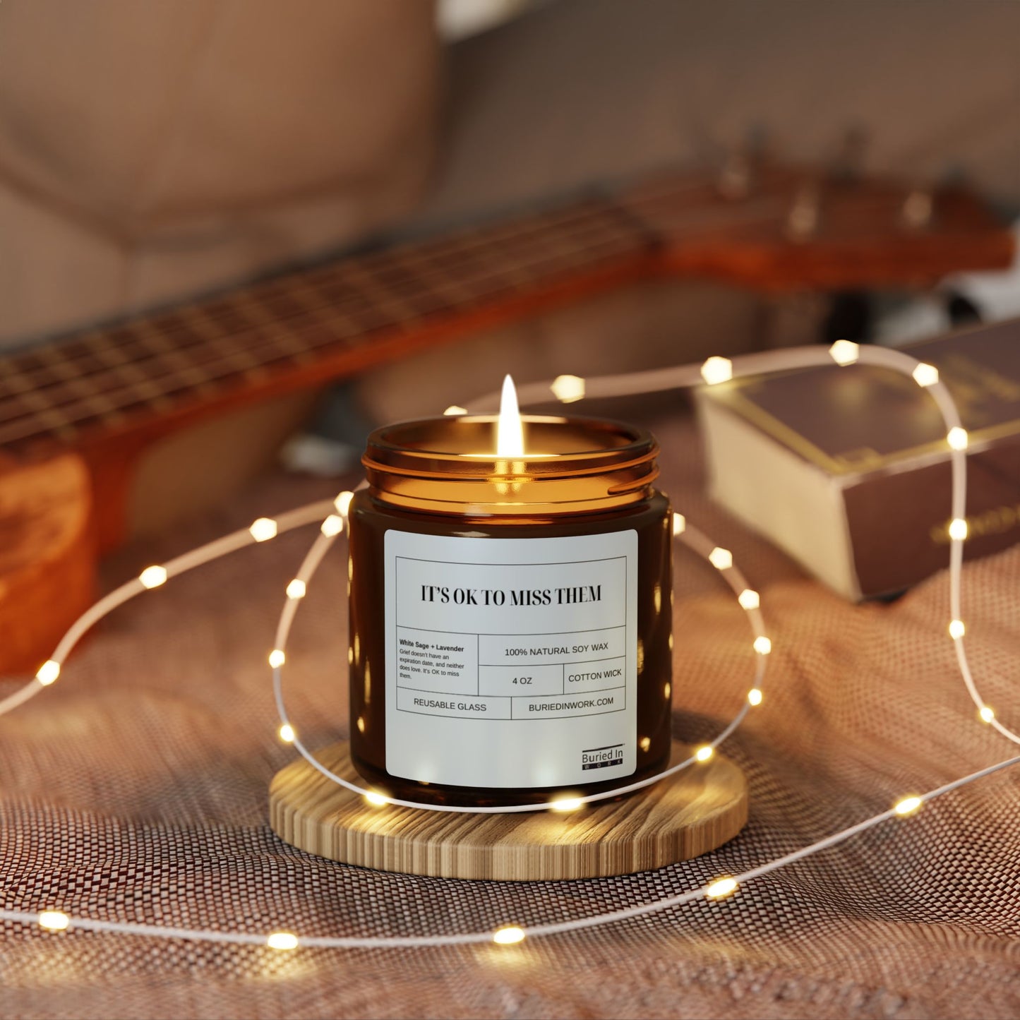 "It's OK To Miss Them" White Sage + Lavender Soy Candle – Handmade in an Amber Jar