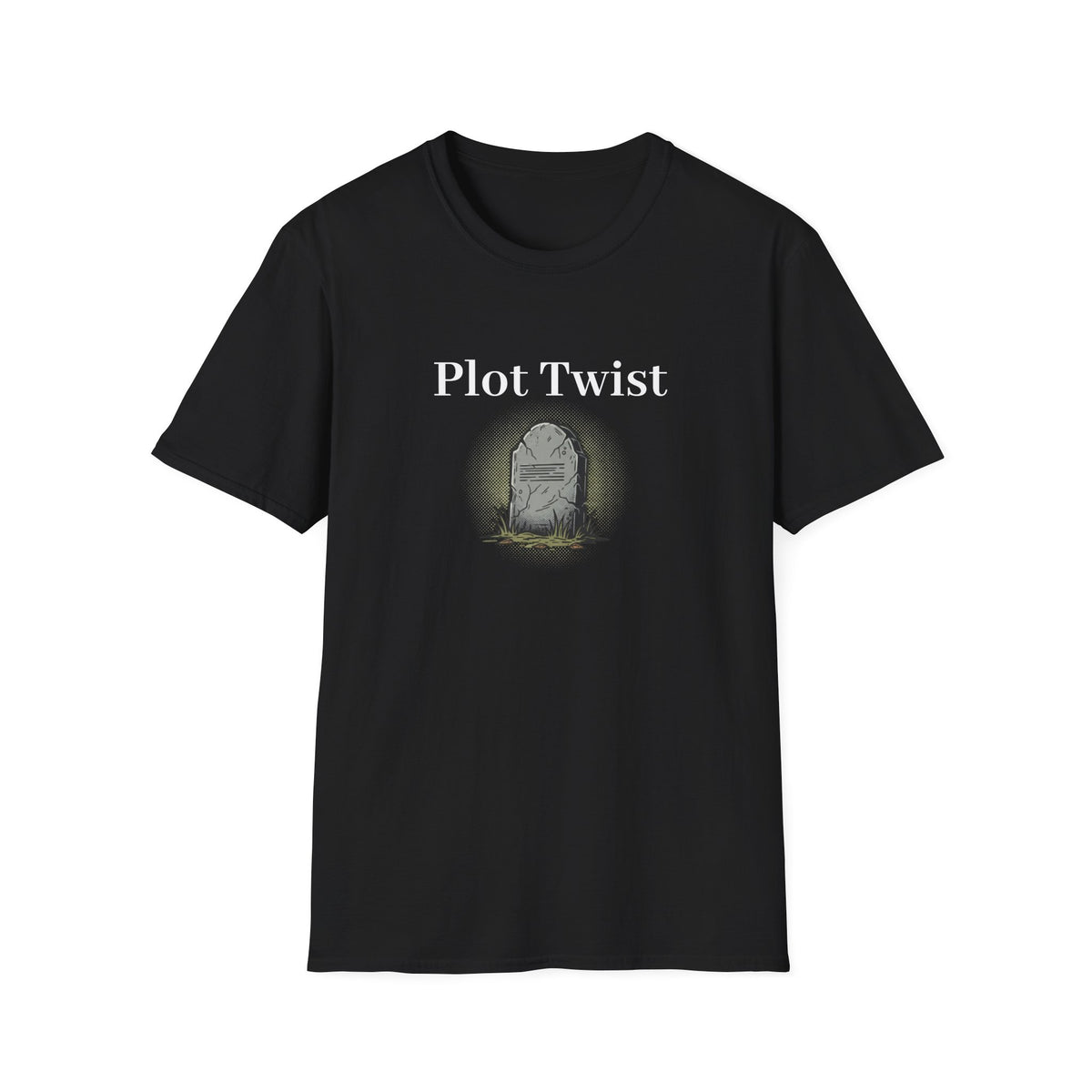 Black t-shirt printed with the words Plot Twist above an illustration of a headstone