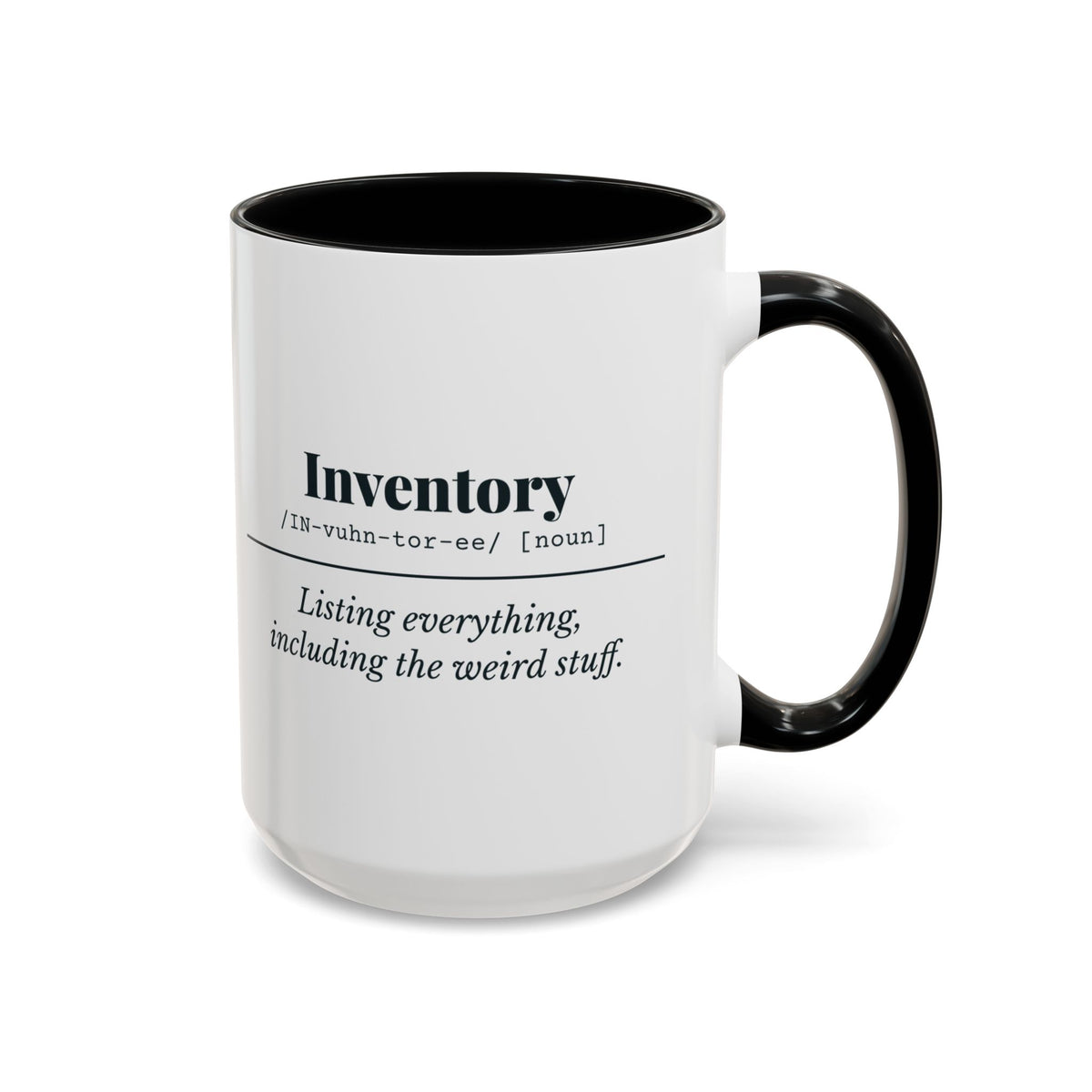 Inventory Definition Mug – Black handle and inside, 15 oz