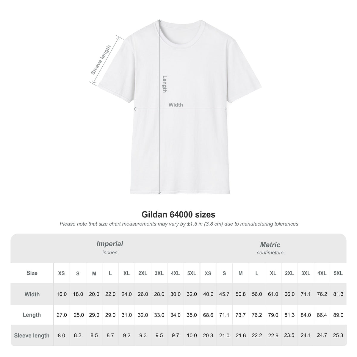 Gildan 64000 size chart with chest, length and sleeve measurements