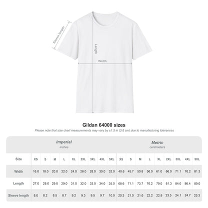 Gildan 64000 size chart with chest, length and sleeve measurements