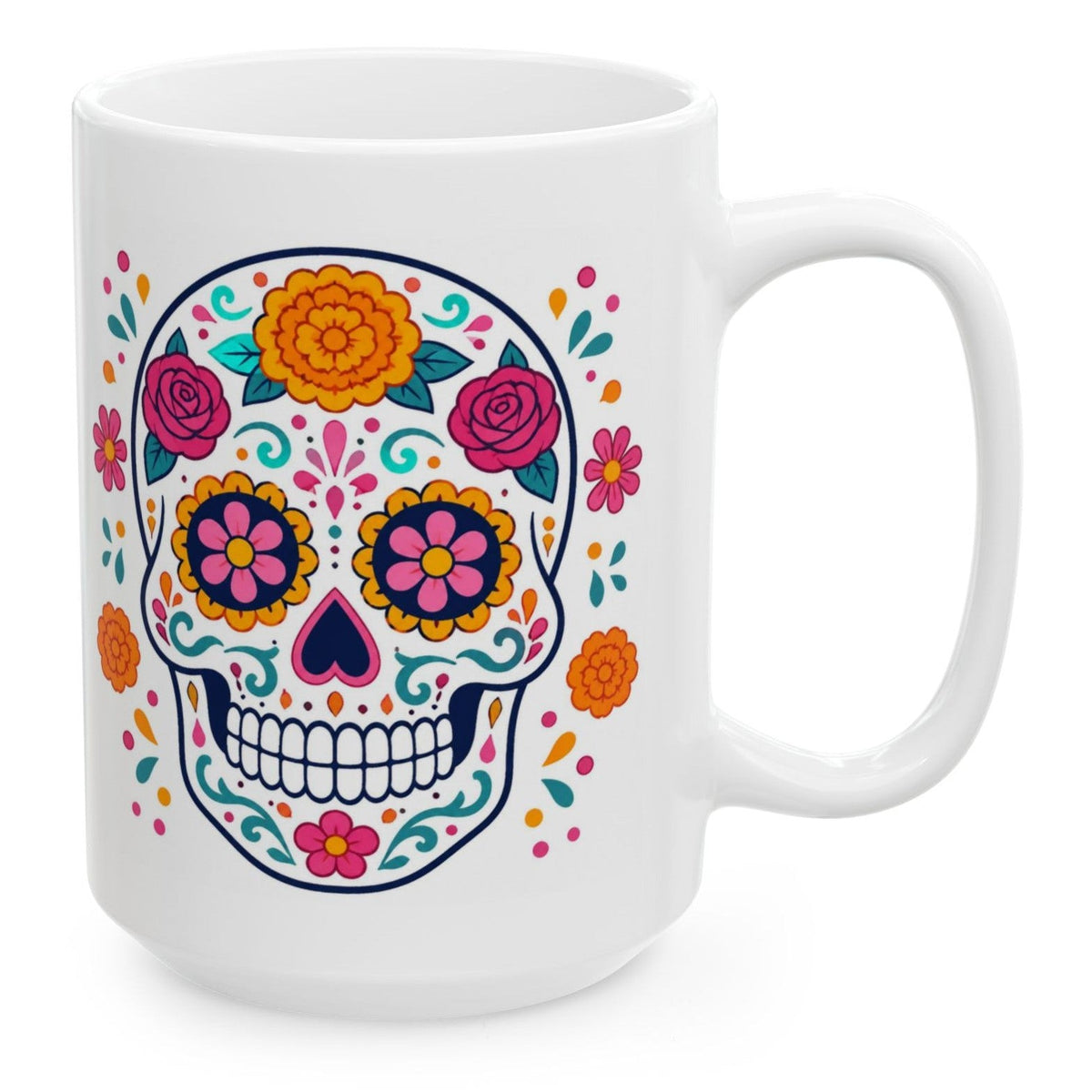 Day of the Dead Sugar Skull Mug, 15 oz white ceramic mug