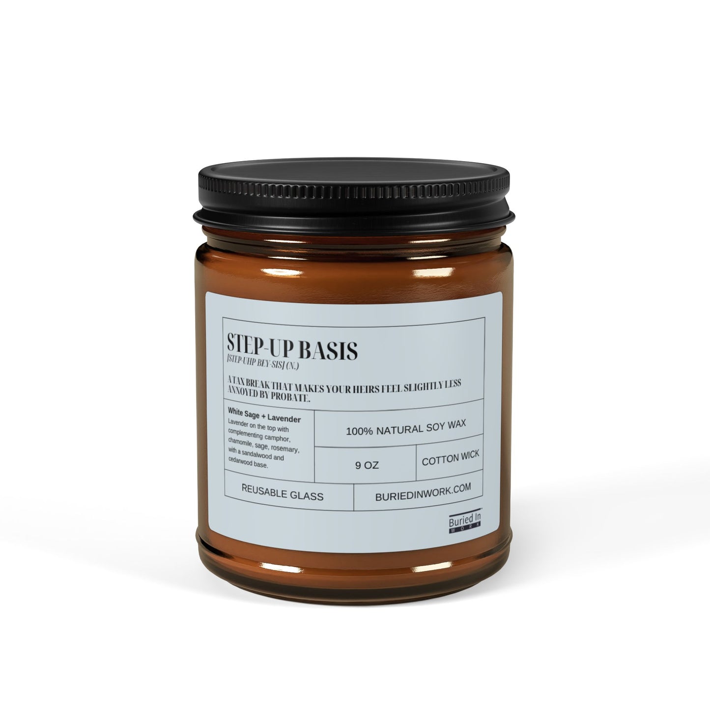 "Step-Up Basis" Definition White Sage + Lavender Soy Candle – Handmade in an Amber Jar