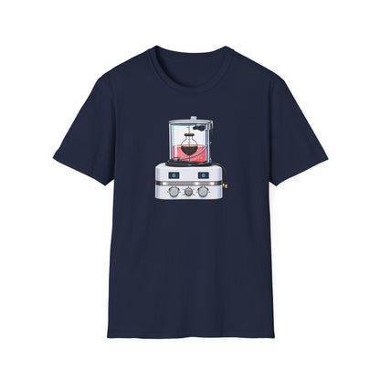 Midnight navy t-shirt printed with an illustration of a modern embalming machine