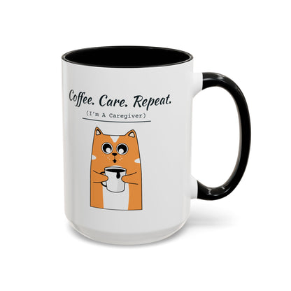 Coffee. Care. Repeat. Caregiver Mug – Black handle and inside, 15 oz
