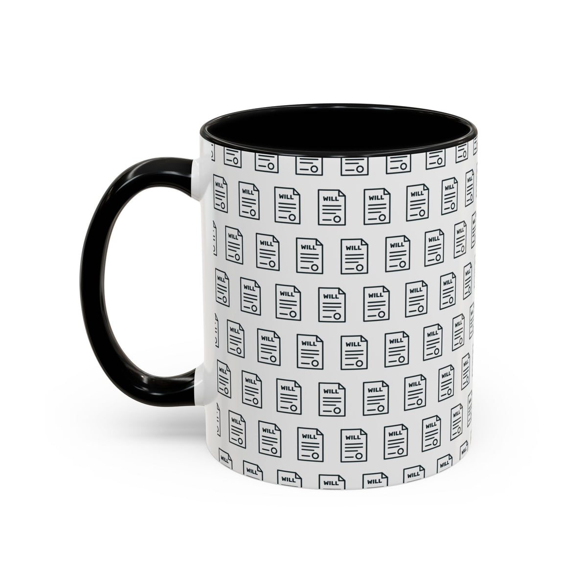 Last Will Pattern Mug for Estate Planners – Black handle and inside, 11 oz, other side