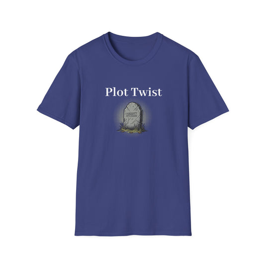 Navy t-shirt printed with the words Plot Twist above an illustration of a headstone