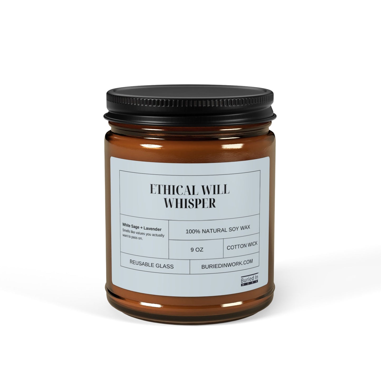 "Ethical Will Whisper" White Sage + Lavender Soy Candle – Handmade in an Amber Jar