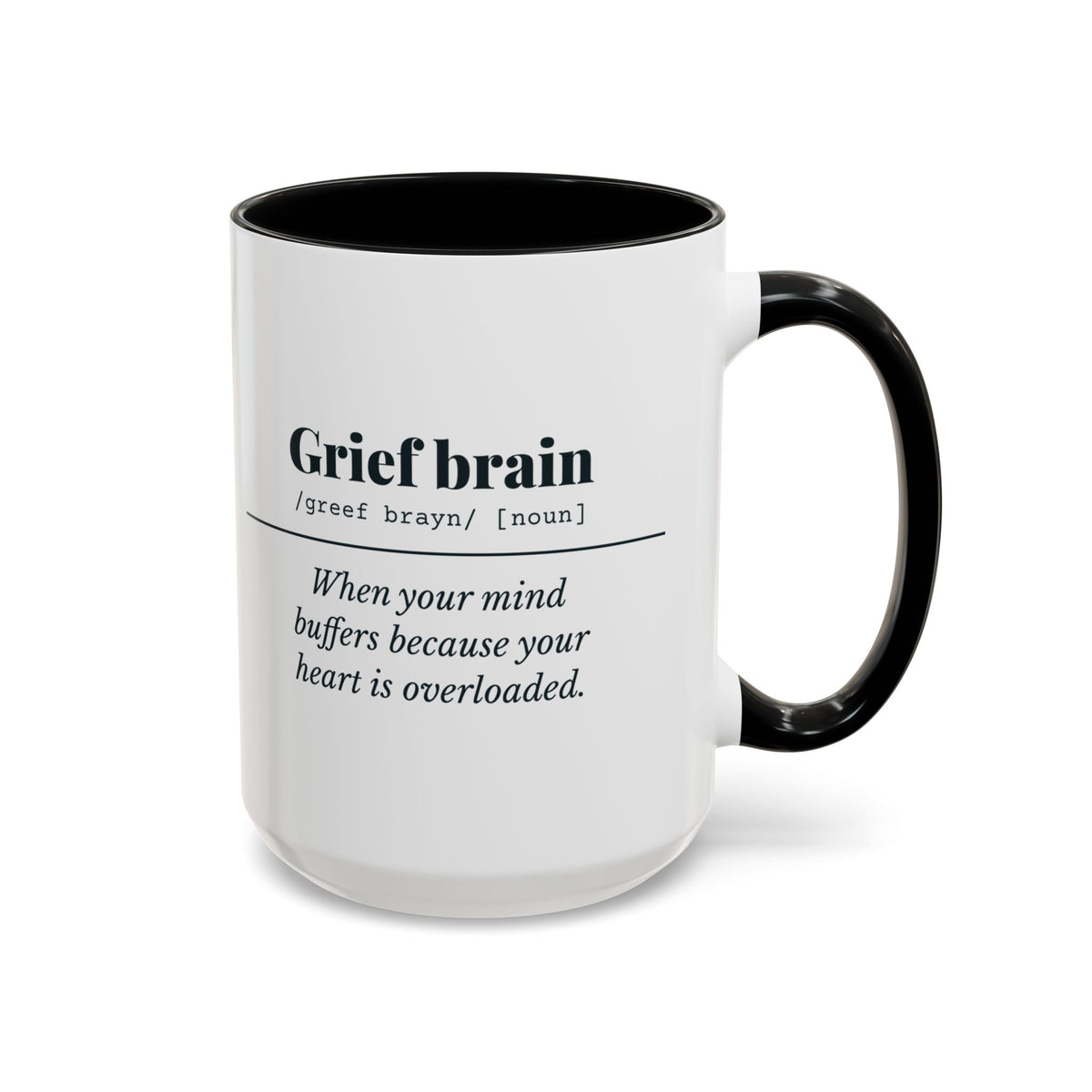 Grief Brain Definition Mug – Black handle and inside, 15 oz