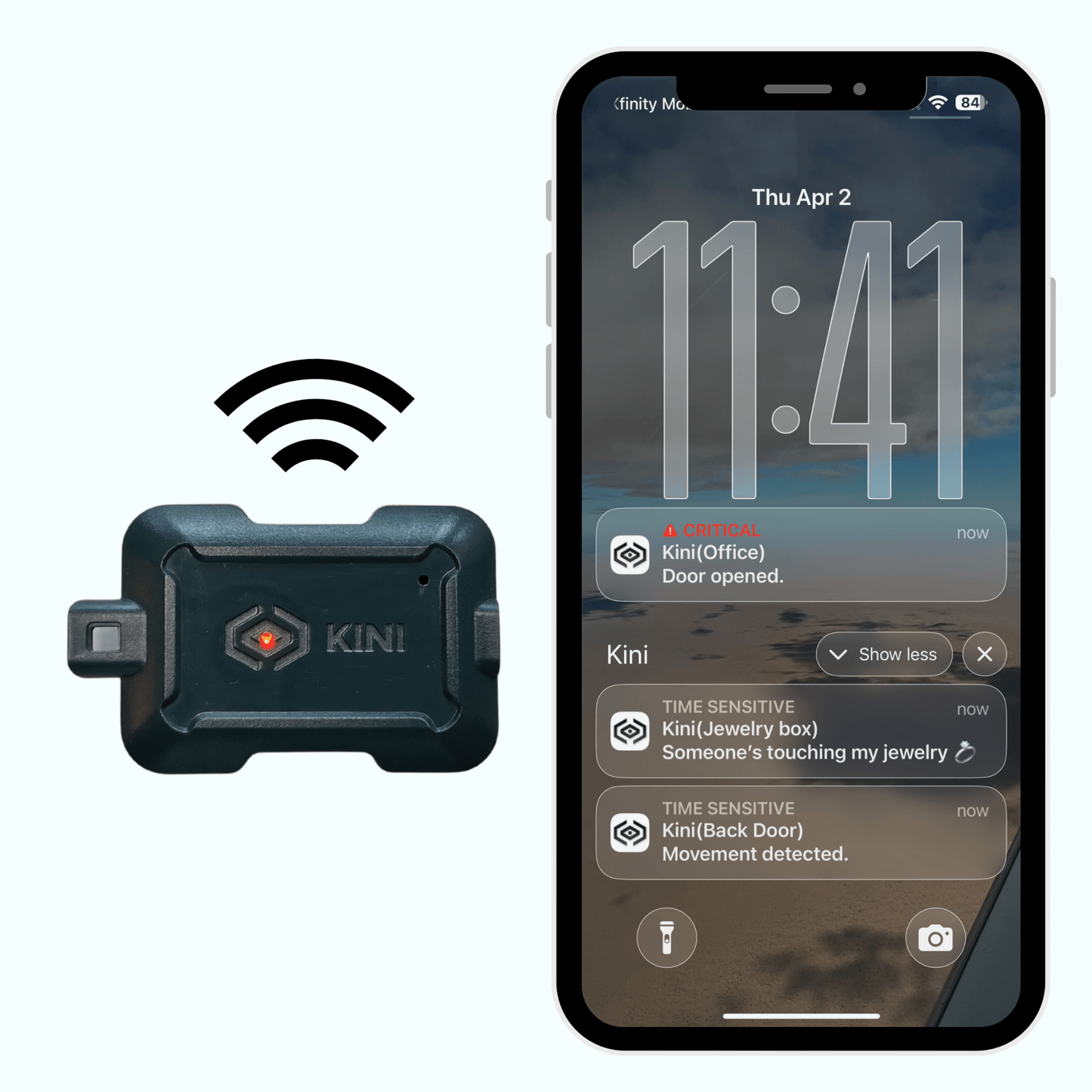 Kini SafeAlert tamper sensor, a compact device that sits inside your CLEAR Kit