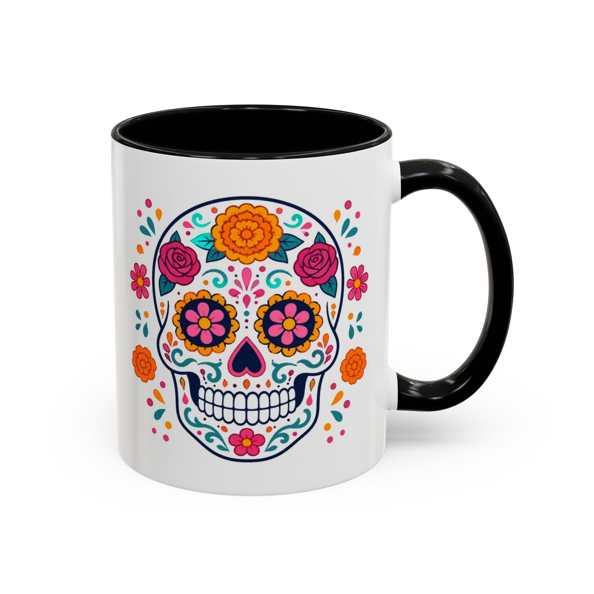Day of the Dead Sugar Skull Mug – Black handle and inside, 11 oz