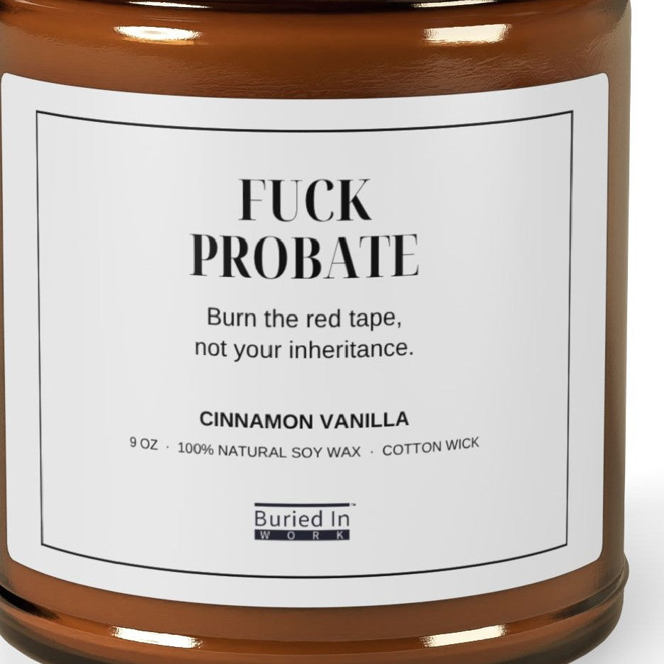 Close-up of the F*ck Probate candle label