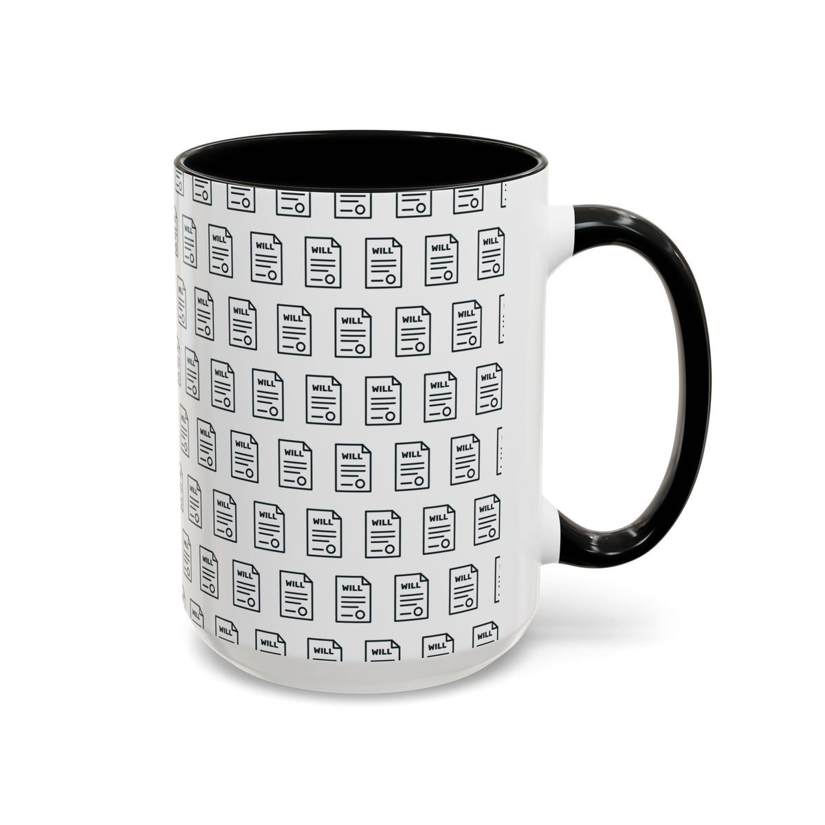 Last Will Pattern Mug for Estate Planners – Black handle and inside, 15 oz