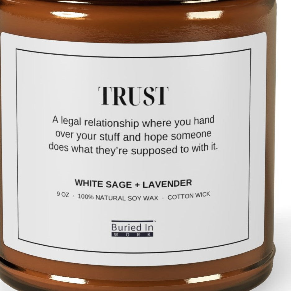 Close-up of the Trust candle label