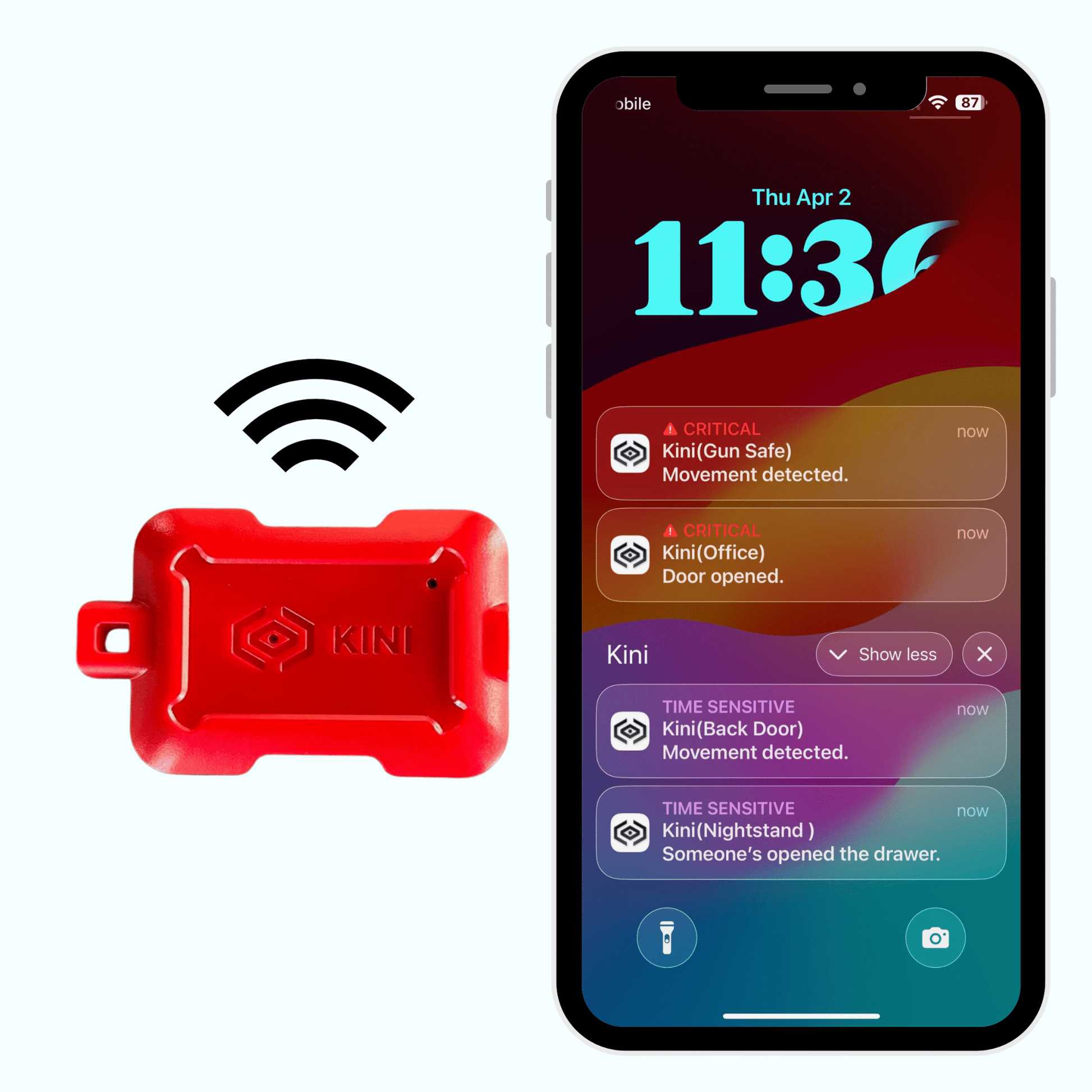 Kini SafeAlert sending a real time alert to a phone when a protected item is moved