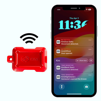 Kini SafeAlert sending a real time alert to a phone when a protected item is moved