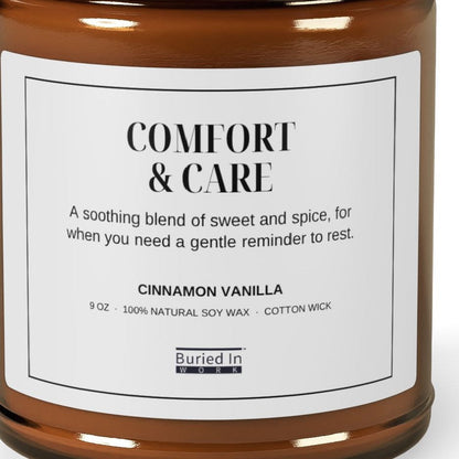 Close-up of the Comfort & Care candle label