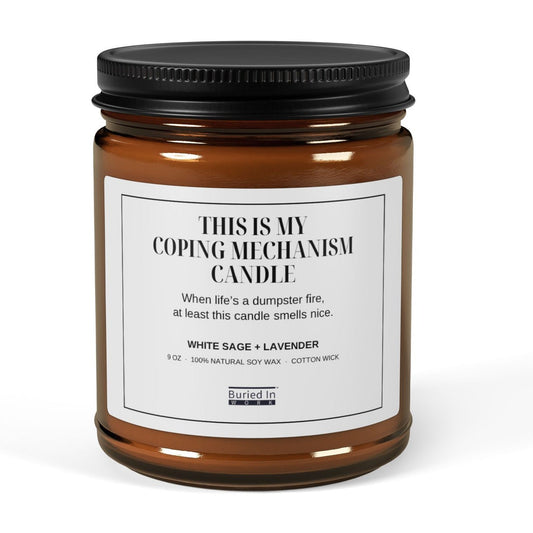 This Is My Coping Mechanism soy candle, 9 oz amber jar, front