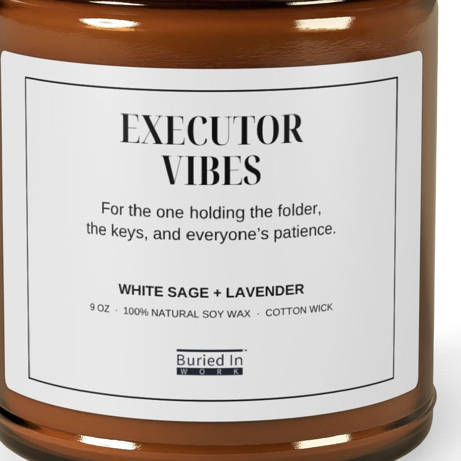 Close-up of the Executor Vibes candle label
