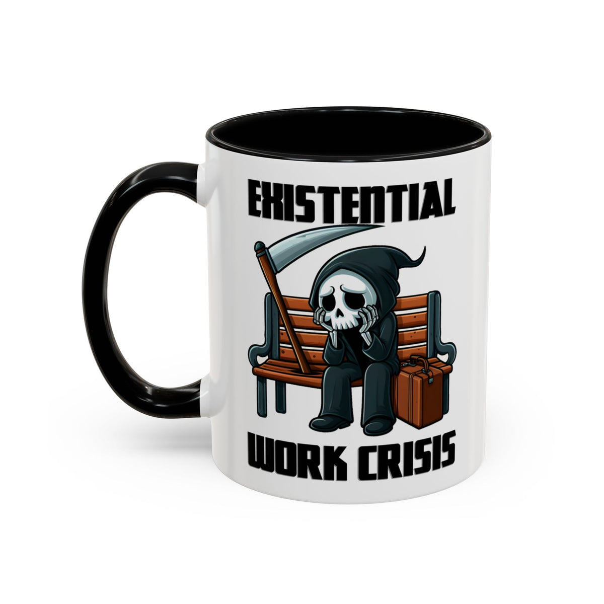 Existential Work Crisis Grim Reaper Mug – Black handle and inside, 11 oz, other side