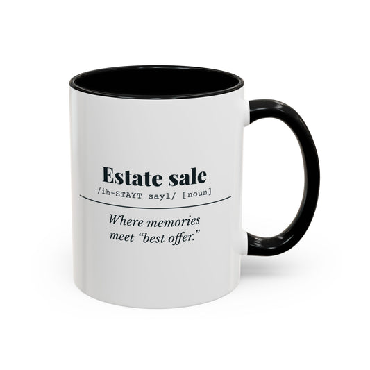 Estate Sale Definition “Best Offer” Mug – Black handle and inside, 11 oz