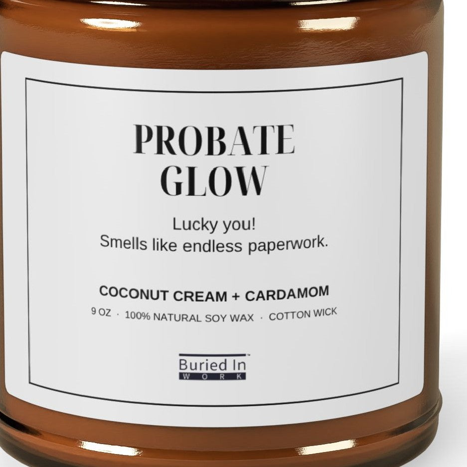 Close-up of the Probate Glow candle label