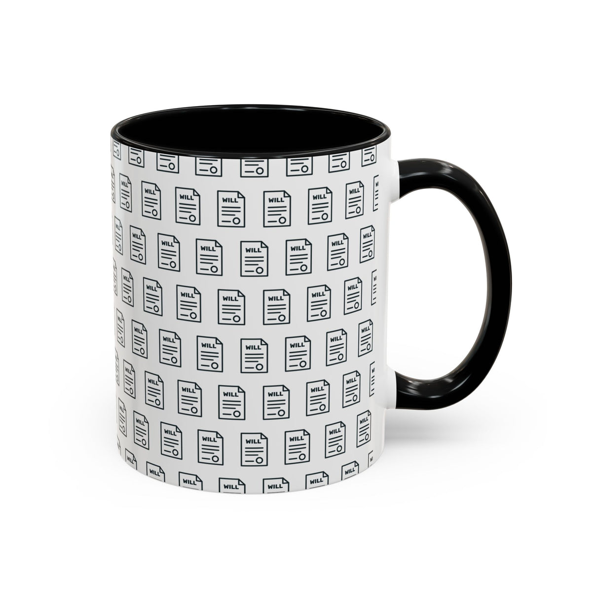 Last Will Pattern Mug for Estate Planners – Black handle and inside, 11 oz