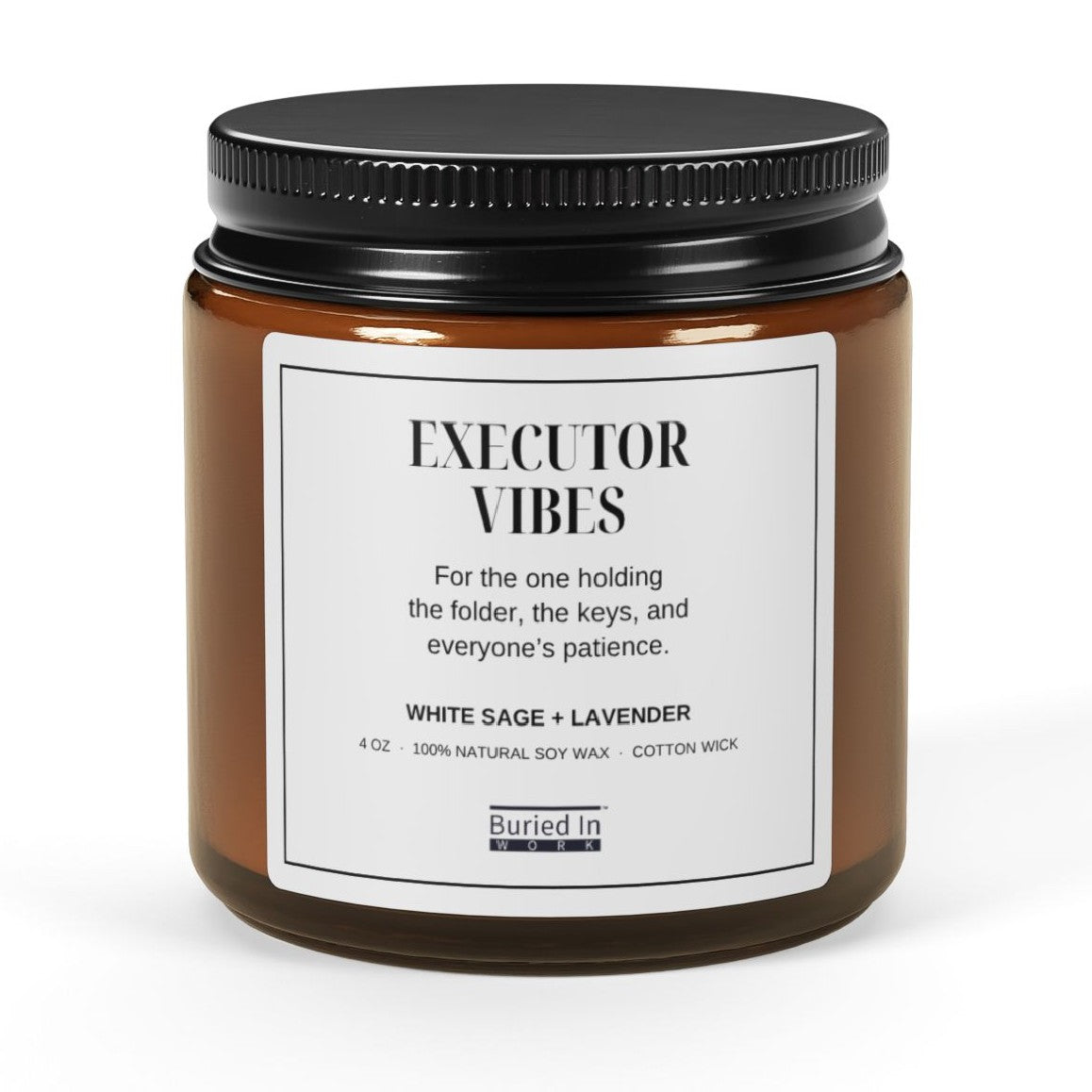 Executor Vibes soy candle, 4 oz amber jar, front