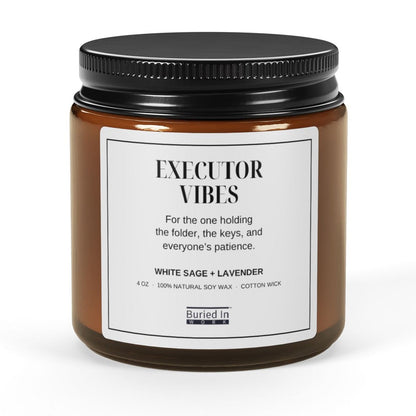 Executor Vibes soy candle, 4 oz amber jar, front
